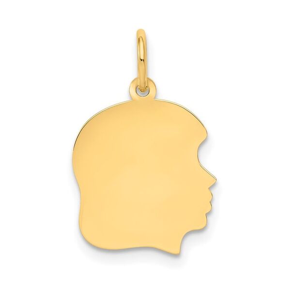 14k Yellow Gold Plain Medium .018 Gauge Facing Right Engravable Girl Head Charm